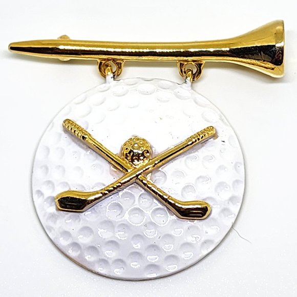 Vintage AJC Goldtone Golf Tee with White Enamel Golf Ball Cross Clubs Pin Brooch - Picture 7 of 7